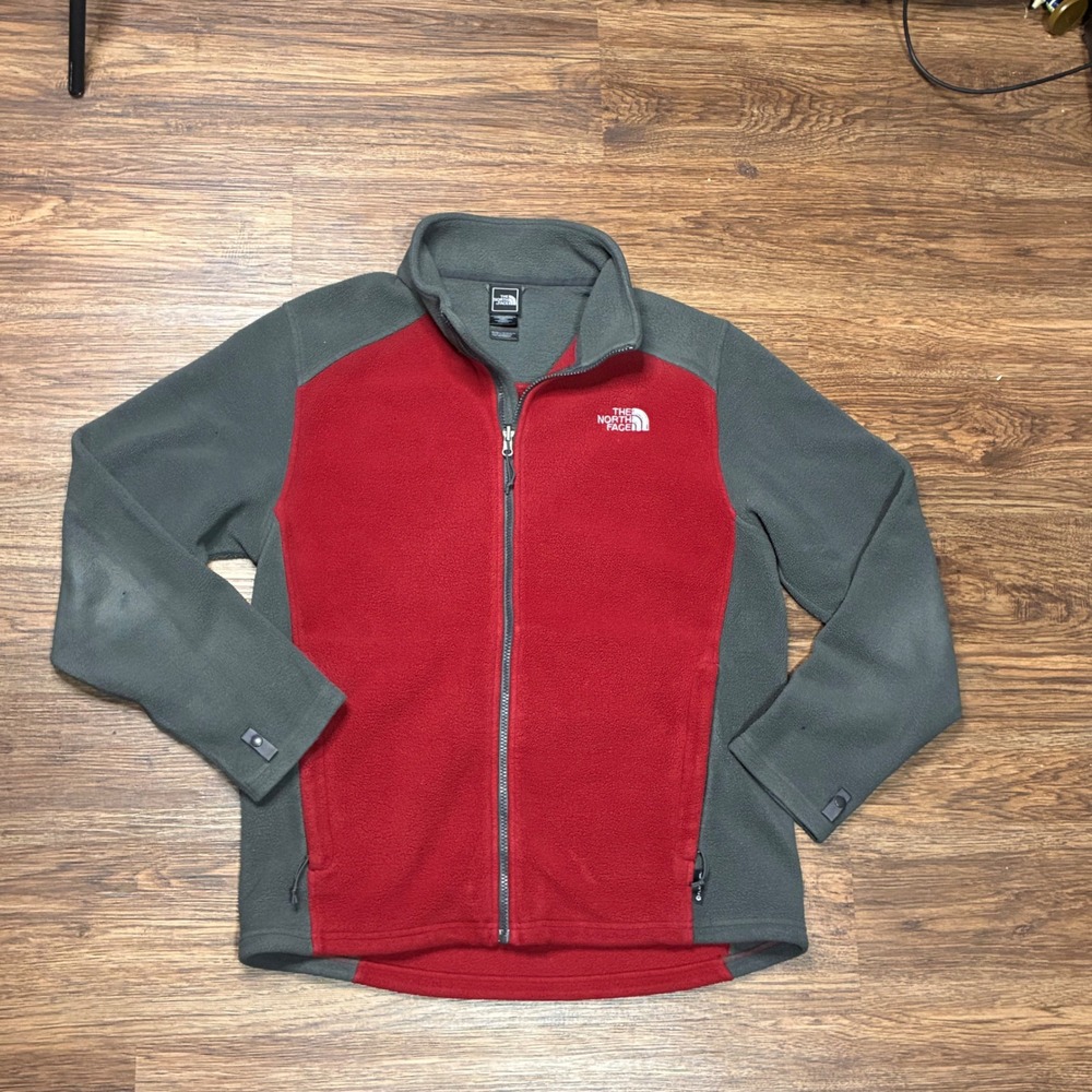 The North Face Mens M Red Gray Full Zip Fleece Jacket Outdoor Hiking